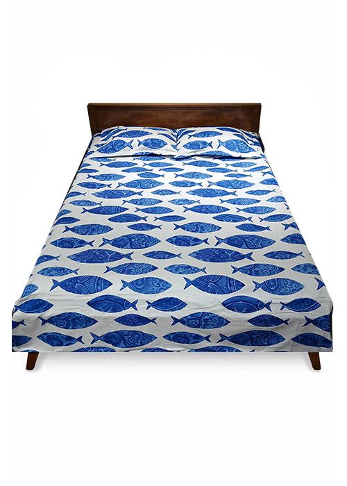 Blue Fish Printed Cotton Bedsheet Set