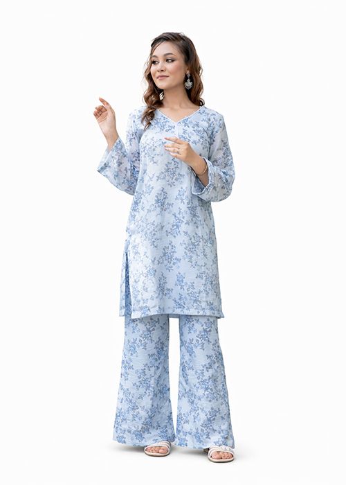 Sky Blue Floral Printed Cotton Co-ord Set