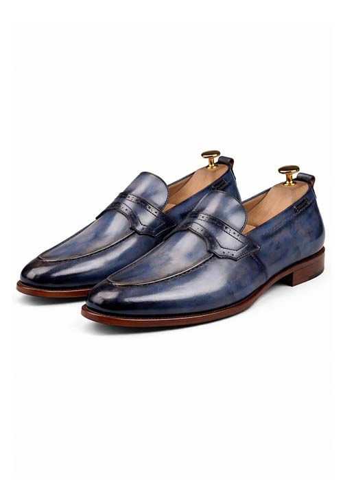 Blue Burnished Leather Penny Loafers