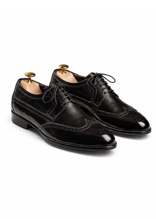 Men’s Black Leather Brogue Derby Shoes Classic Lace-Up