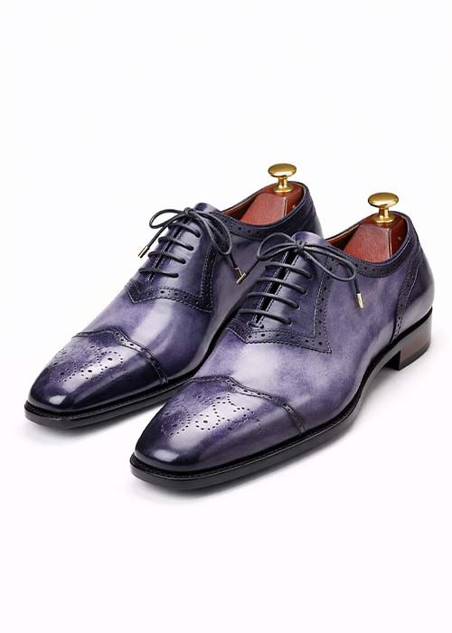 Men’s Blue Leather Cap Toe Brogue Oxford Shoes