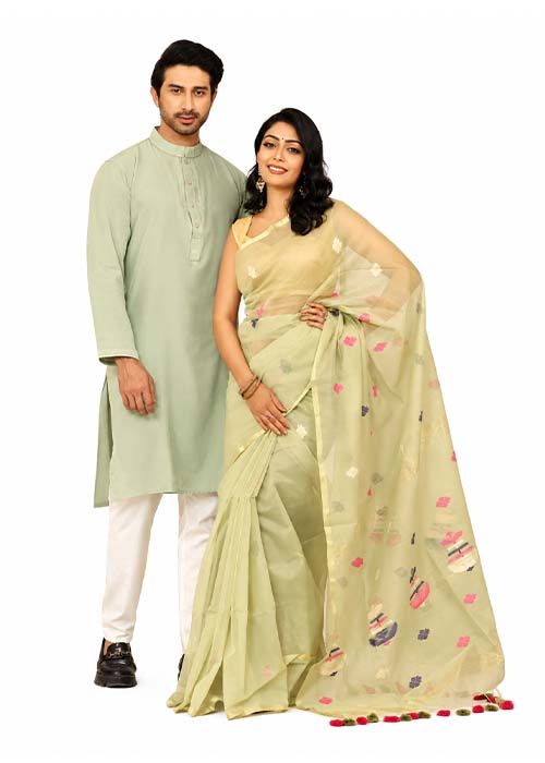 Couple Silk Saree and Cotton Panjabi Set