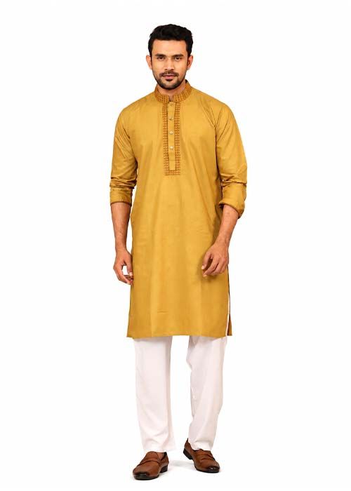 Men’s Mustard Embroidered Premium Cotton Panjabi