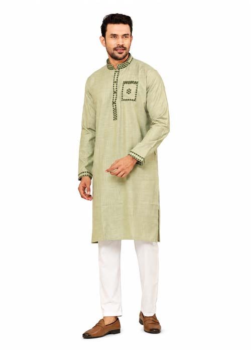 Men’s Sage Green Embroidered Cotton Panjabi