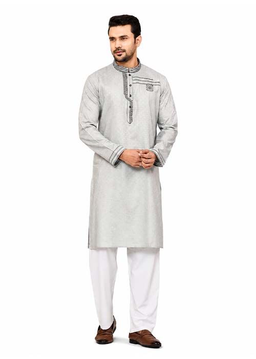 Men’s Silver Grey Embroidered Cotton Panjabi