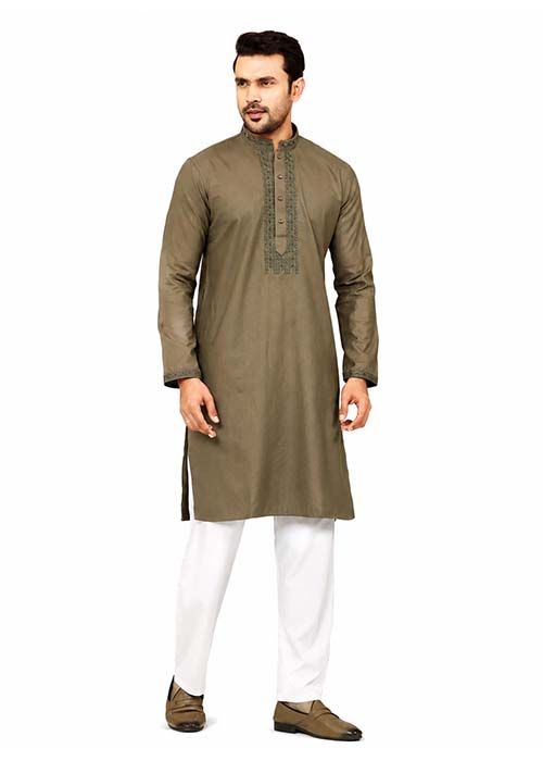 Men’s Olive Taupe Embroidered Cotton Panjabi