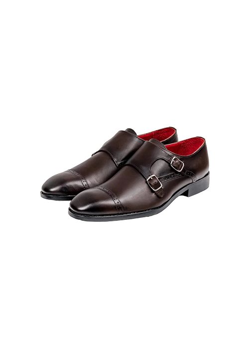 Square Toe Brogue Double Monk Leather Shoes