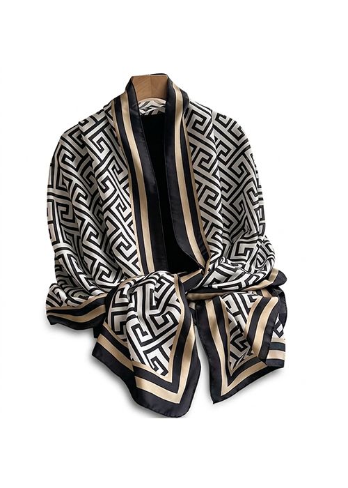 Black Geometric Print Silk Scarf – Classic Border Wrap