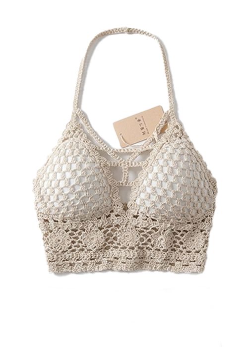 Beige Crochet Knit Halter Bralette Top