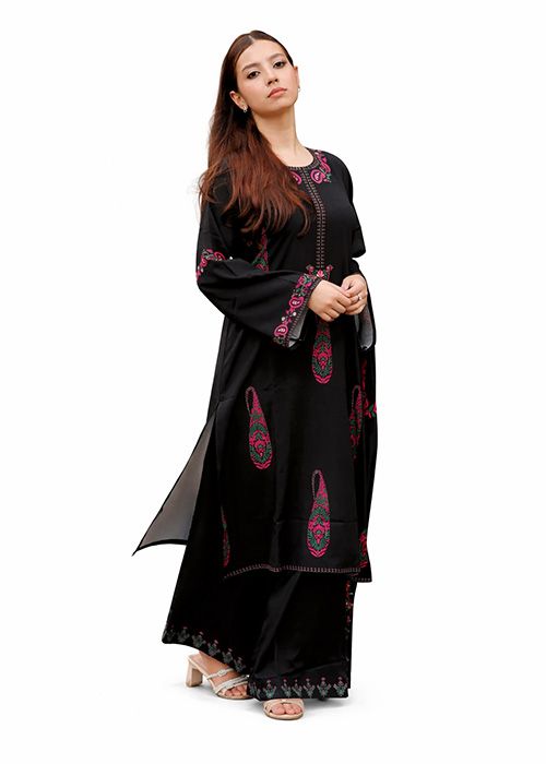 Black Embroidered Kurta Set with Wide Pants