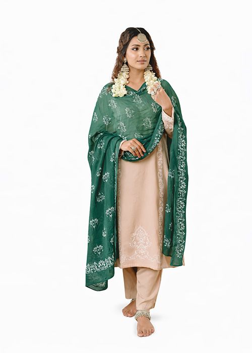 Beige Cotton Kurta Set with Green Embroidered Dupatta