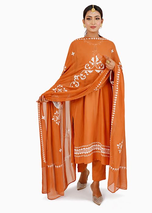 Orange Block Printed Cotton Kurta Dupatta Set
