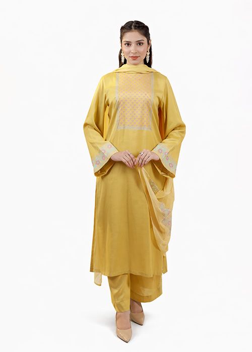 Mustard Yellow Embroidered Cotton Kurta Set