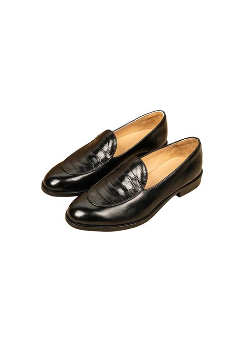 Classic Black Leather Penny Loafer – Croc Panel