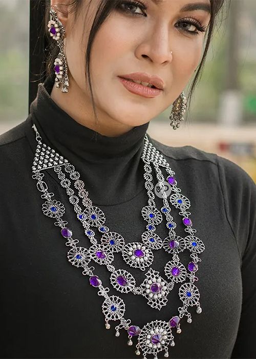 Regal Oxy Silver Long Necklace & Earrings Set