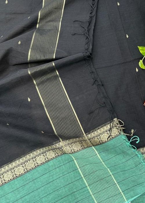 Black Cotton Silk Saree with Contrast Border and Tassels