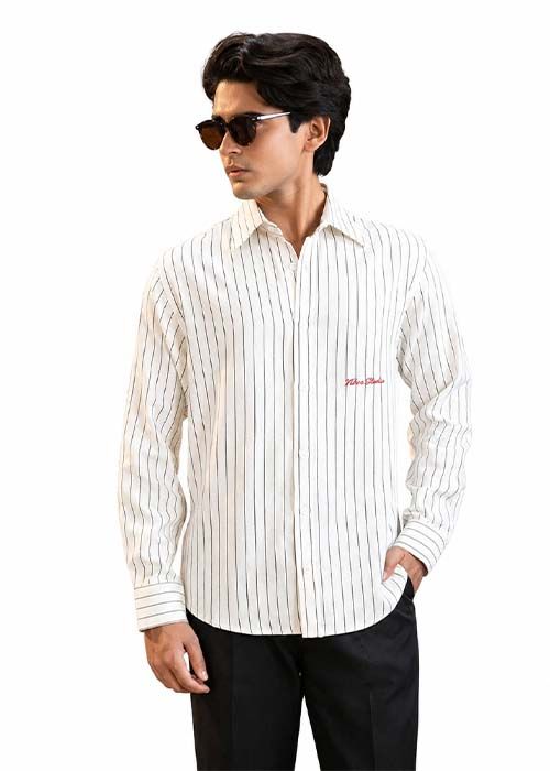 Men’s Off-White Cotton Striped Casual Shirt