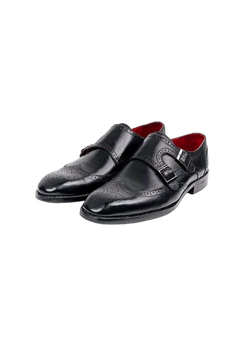 Men's Wingtip Brogue Classic Leather Double Monk Strap - Black