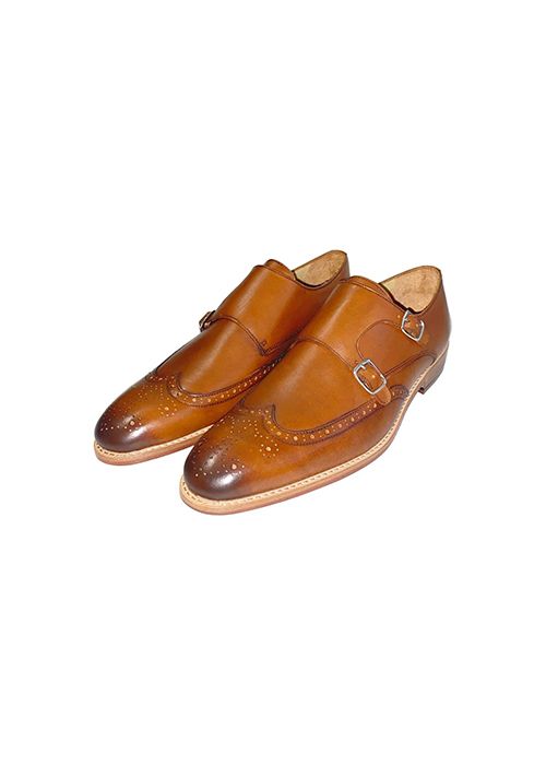 Men's Tan Leather Double Monk Strap Brogue Shoes