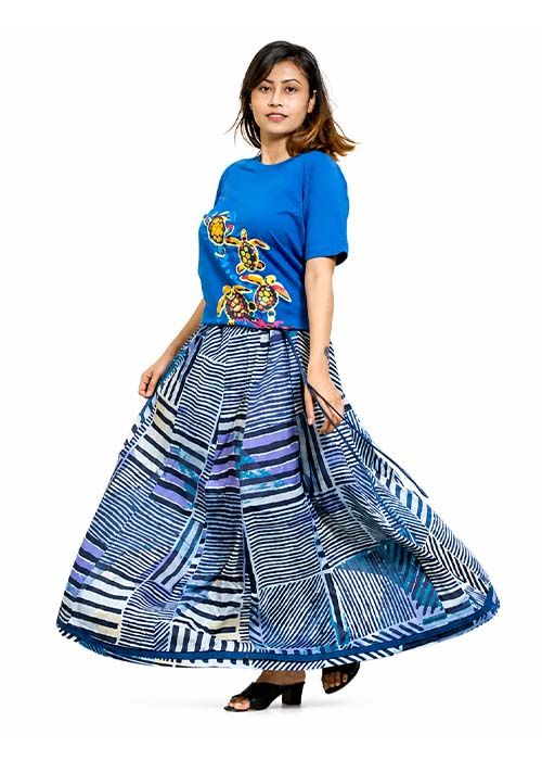 Blue Cotton Printed Flared Skirt Set