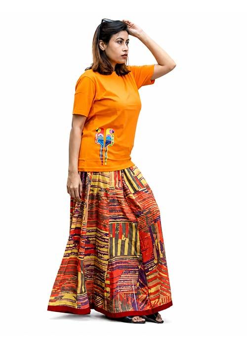 Orange Cotton Printed Casual Skirt Set